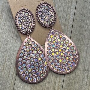 Copper-Tone Iridescent Rhinestone Teardrop Dangle Earrings